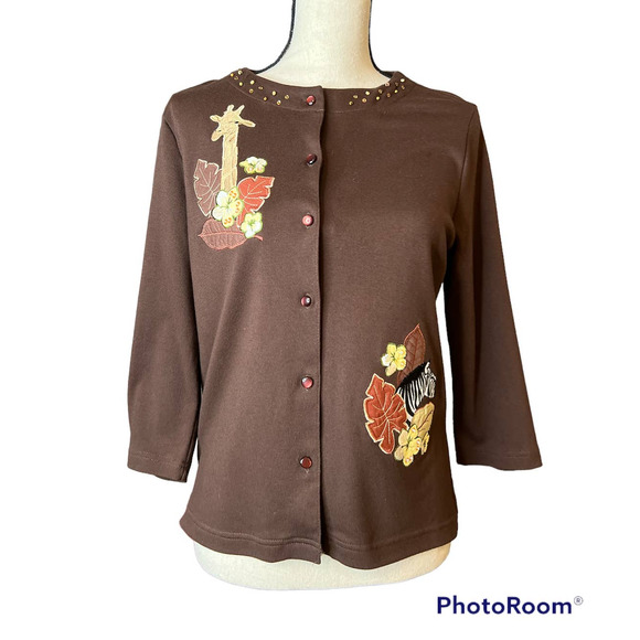 Breckenridge Jacket in Brown with Giraffe and Zebra Appliques Size Petite Small - Picture 1 of 6